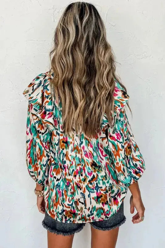 Abstract Ruffle Blouse - 3/4 Puff Sleeve - Fashionfitz