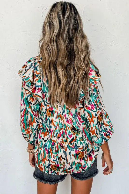 Abstract ruffle blouse - 3/4 puff sleeve - floral blouses