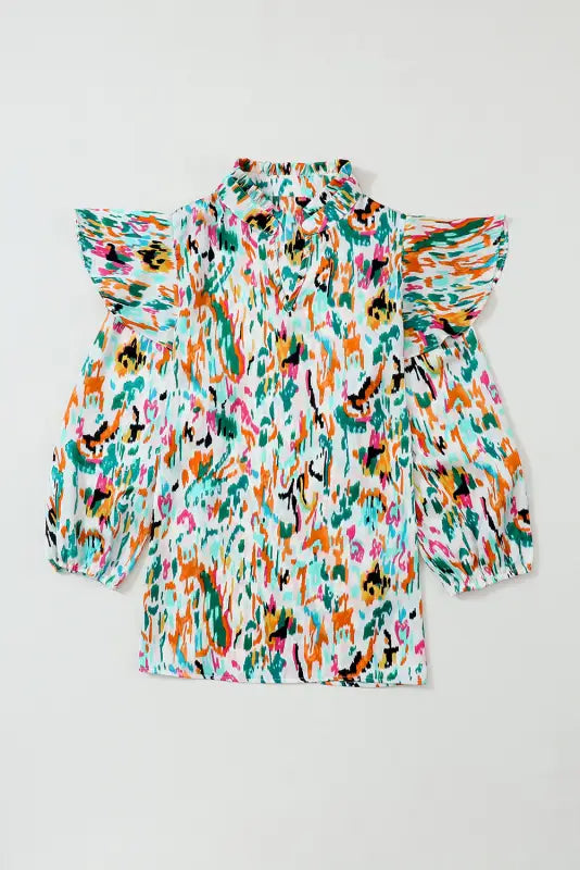 Abstract ruffle blouse - 3/4 puff sleeve - floral blouses