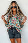 Abstract ruffle blouse - 3/4 puff sleeve - floral blouses