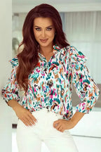 Abstract Ruffle Blouse - 3/4 Puff Sleeve - Fashionfitz