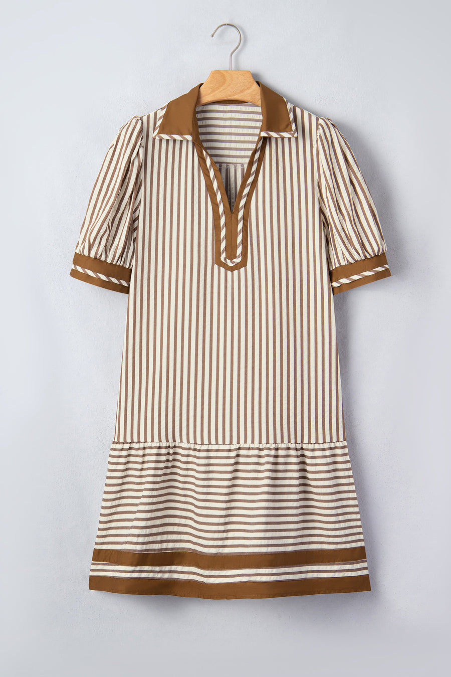Stripe Shirt Collar Patchwork Ruffle Hem Mini Dress Women UK