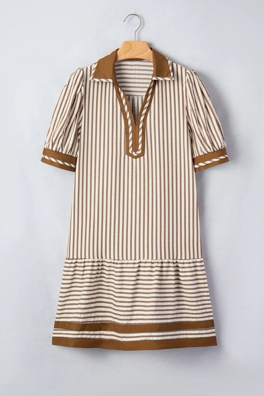 Stripe Shirt Collar Patchwork Ruffle Hem Mini Dress Women UK — full length view on model | Fashionfitz UK