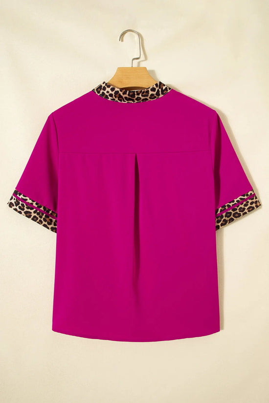 Leopard patchwork split v-neck short sleeve blouse blouses