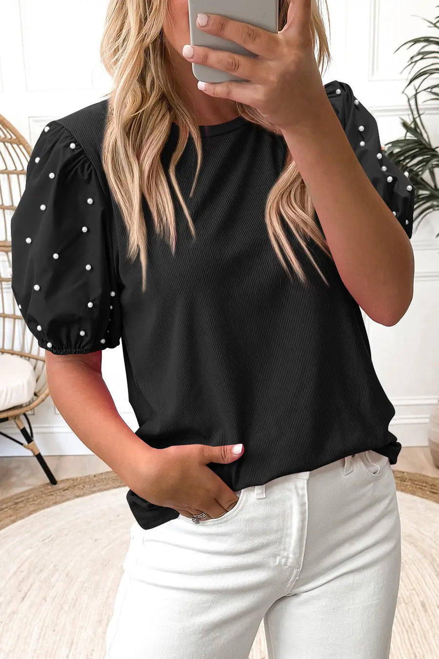 Ribbed Pearl Beaded Puff Sleeve Top Women UK — second colourway | Fashionfitz UK