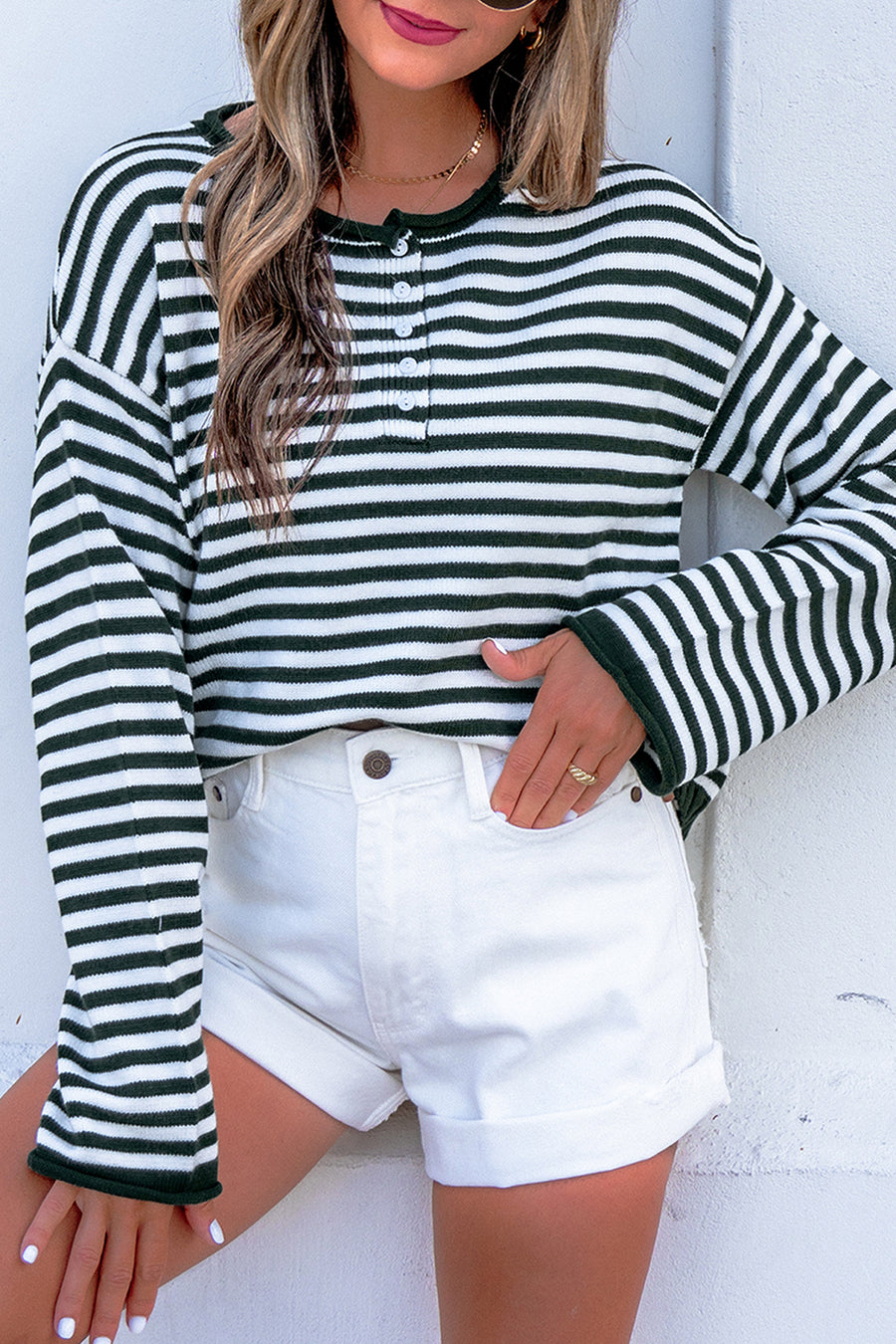 Stripe Drop Shoulder Button Placket Sweater