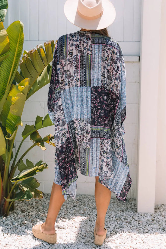 Blue retro floral print long loose open front kimono