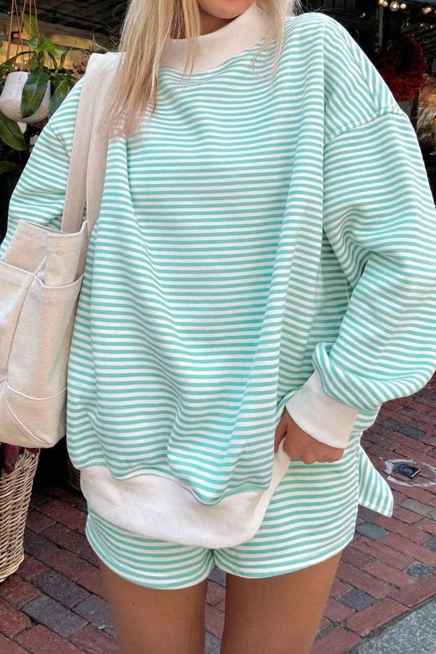 Stripe Oversize Mock Neck Sweatshirt & Shorts Co-Ord Set