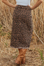 Back view of Leopard Denim Midi Skirt - Summer Fashion by FashionFitz showing rear pockets and raw hem finish.