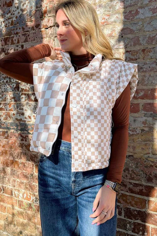 FashionFitz khaki plaid quilted gilet worn outdoors, showcasing sleeveless cut and dual-closure design for casual winter outerwear.