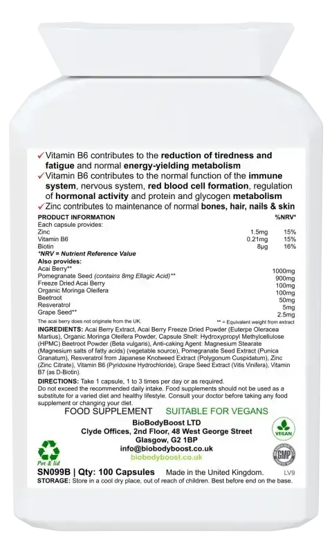 Side profile of Acai Bio Complex Berry Immunity Supplement — compact white packaging, BioBodyBoost UK
