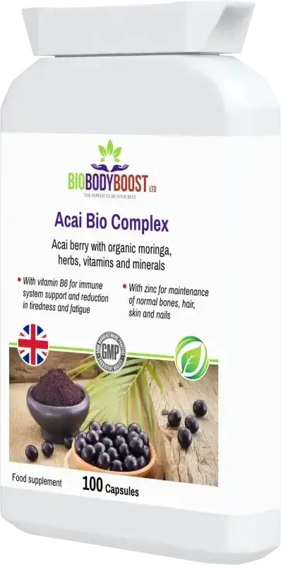 Back label of Acai Bio Complex showing acai berry, bilberry and elderberry antioxidant blend with dosage guide