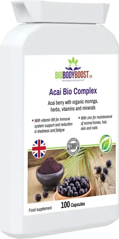 Acai Bio Complex angled view — berry antioxidant and immune health supplement, BioBodyBoost UK