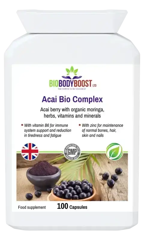 Acai Bio Complex Berry Immunity Supplement — acai berry, bilberry, elderberry and antioxidant blend, 90 vegan capsules, BioBodyBoost UK