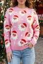 Pink Cartoon Santa Pattern Round Neck Dropped Shoulder Sweater