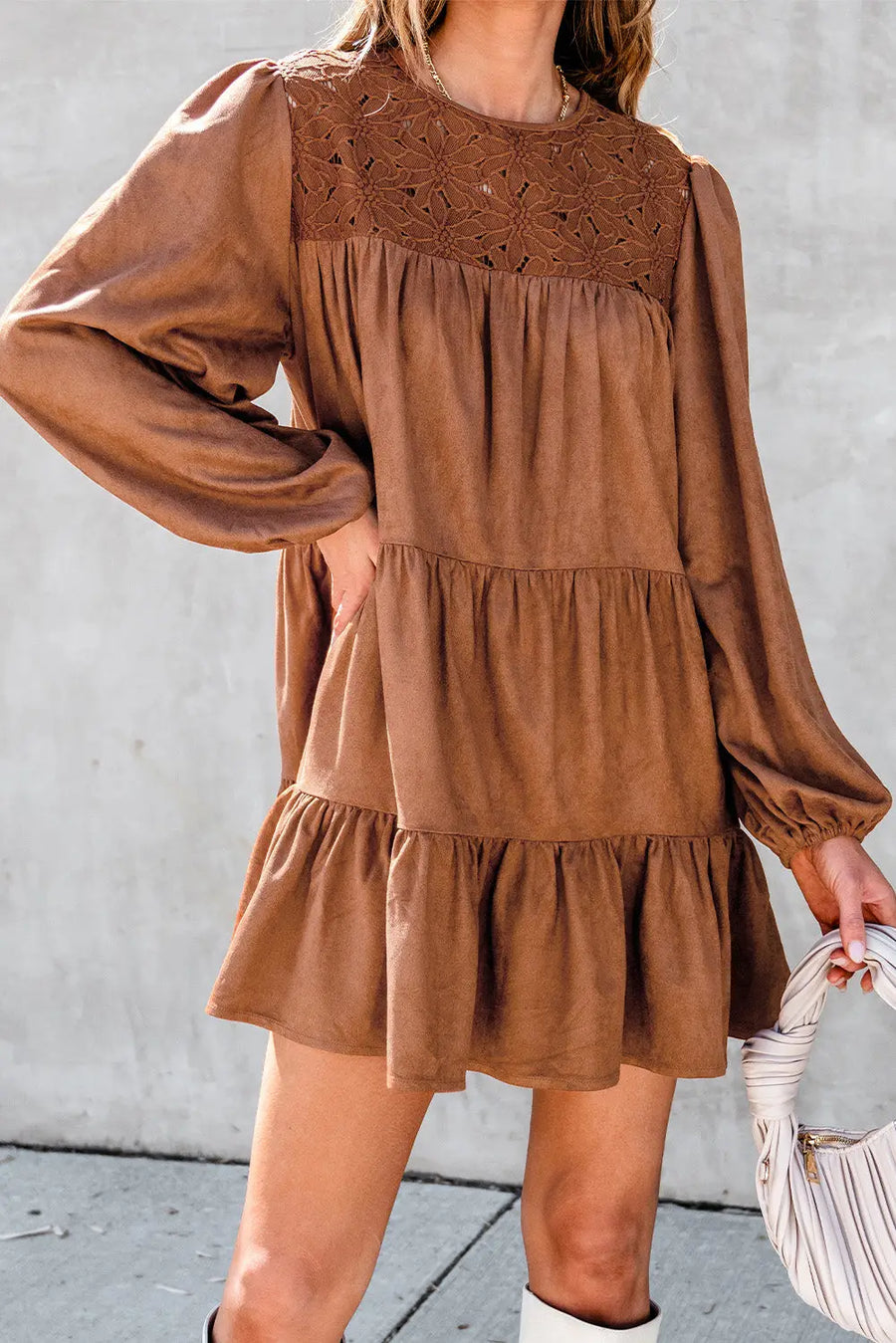 Chestnut Floral Lace Crochet Tiered Mini Dress Women UK