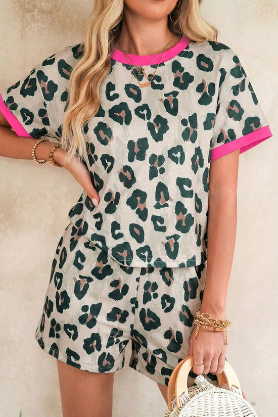 Leopard print contrast trim short set two piece top high waist shorts outfit sets
