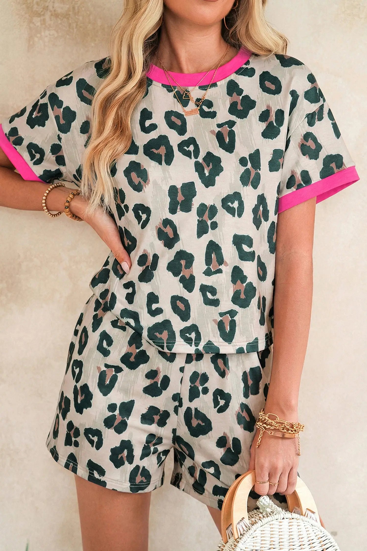 Leopard print contrast trim short set two piece top high waist shorts outfit sets