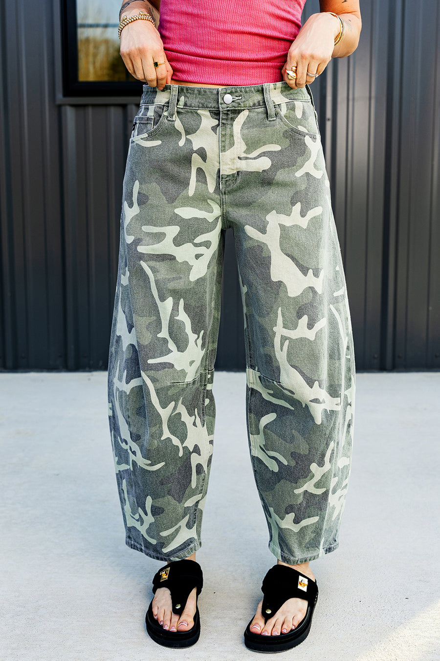 Green Camo Print Button Fly Straight Leg Ankle Length Jeans
