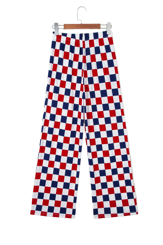 2-tone checked print high waist wide leg trousers with pockets