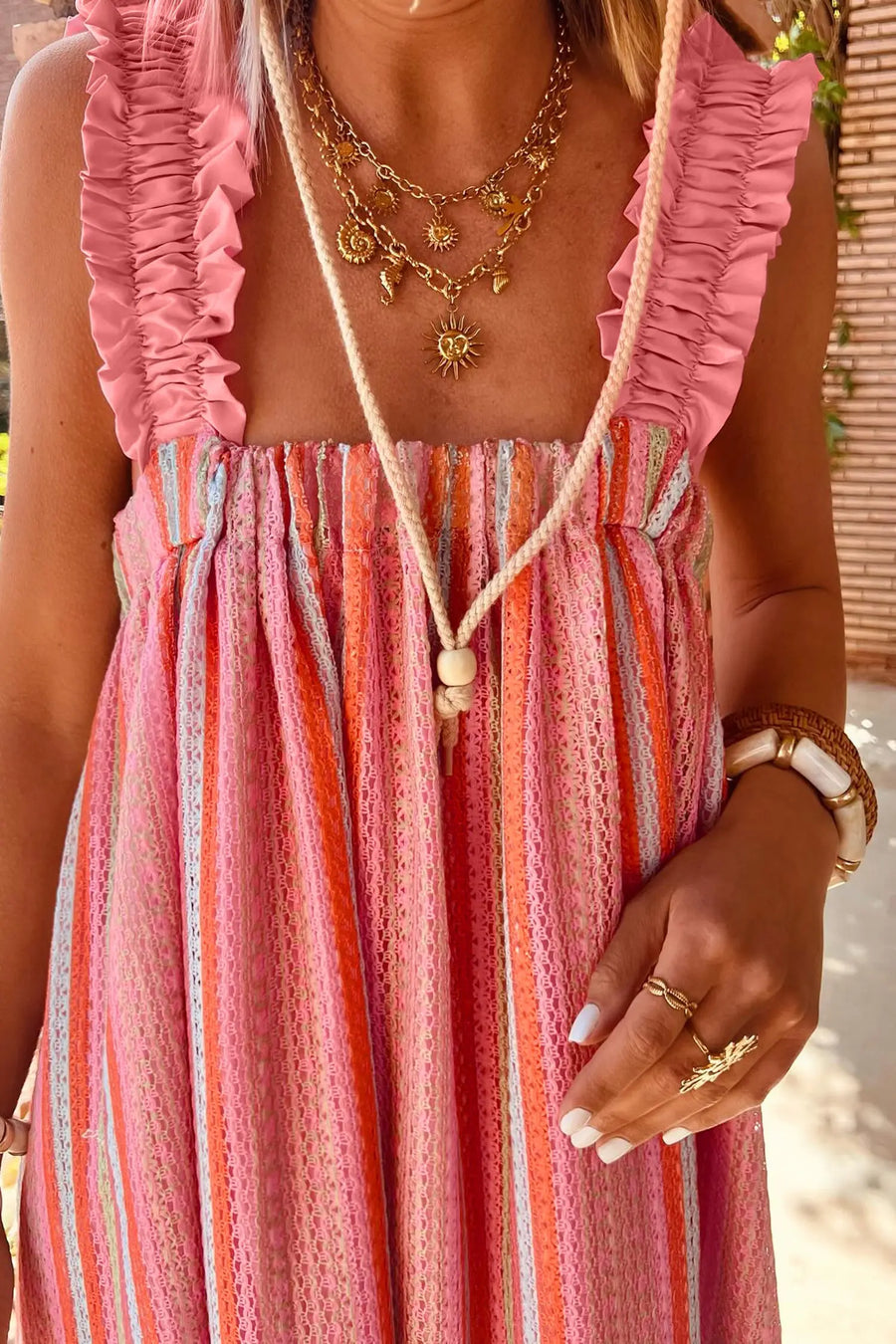 Women’s striped ruffle strap ribbon knot boho maxi dress dresses