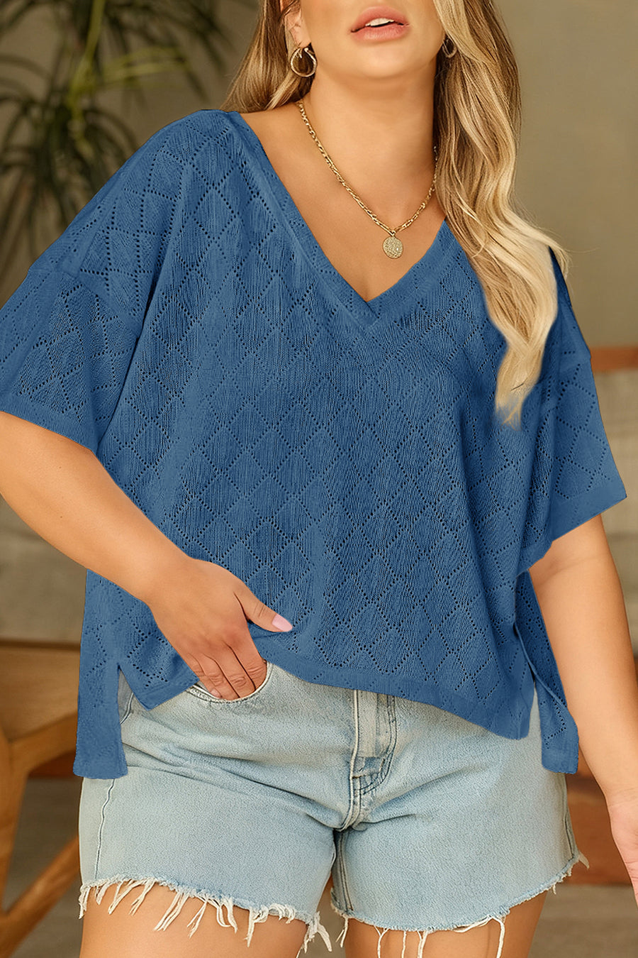 Pointelle Rhombus Knit V Neck Loose Plus Size Top Women UK
