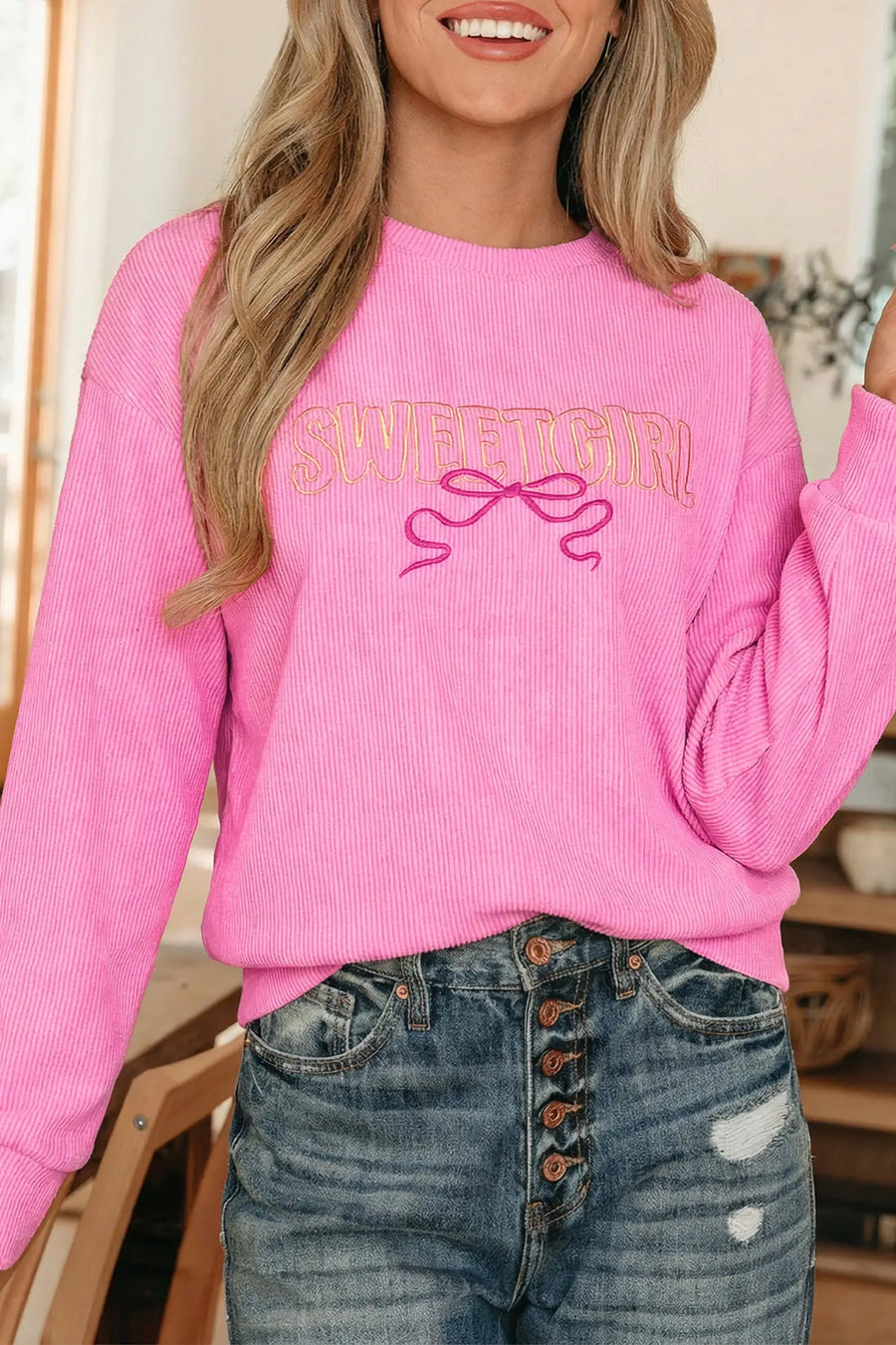 Bonbon Sweet Girl Embroidered Graphic Rib Textured Top Women UK