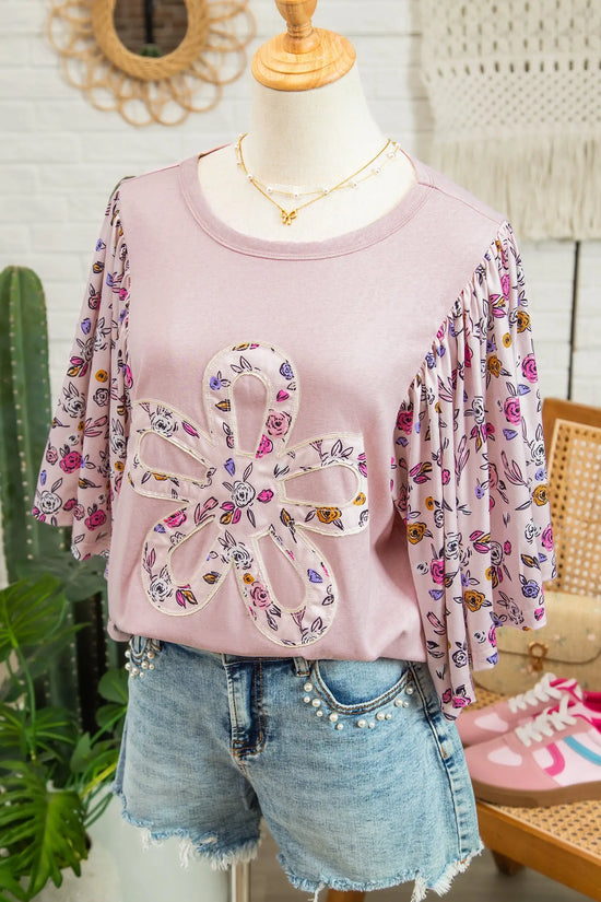 Pink contrast floral patched flowy half sleeve blouse