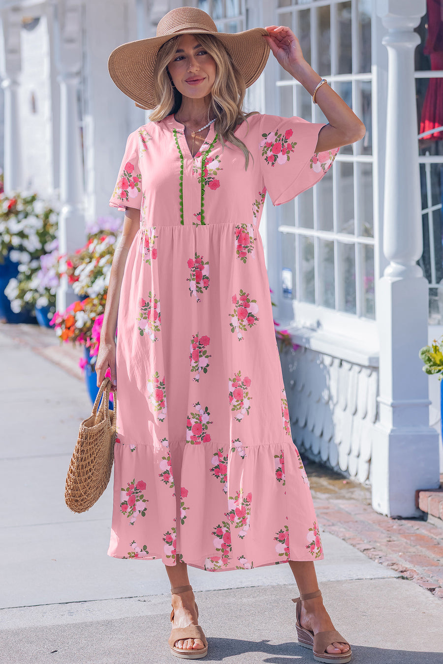 Sky Blue Floral Notched Neck Flutter Short Sleeve Maxi Dress Women UK — side view