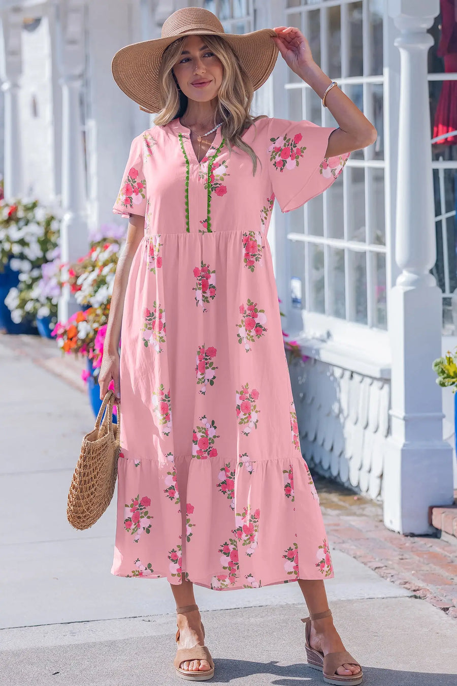 Sky Blue Floral Notched Neck Flutter Short Sleeve Maxi Dress Women UK — side view