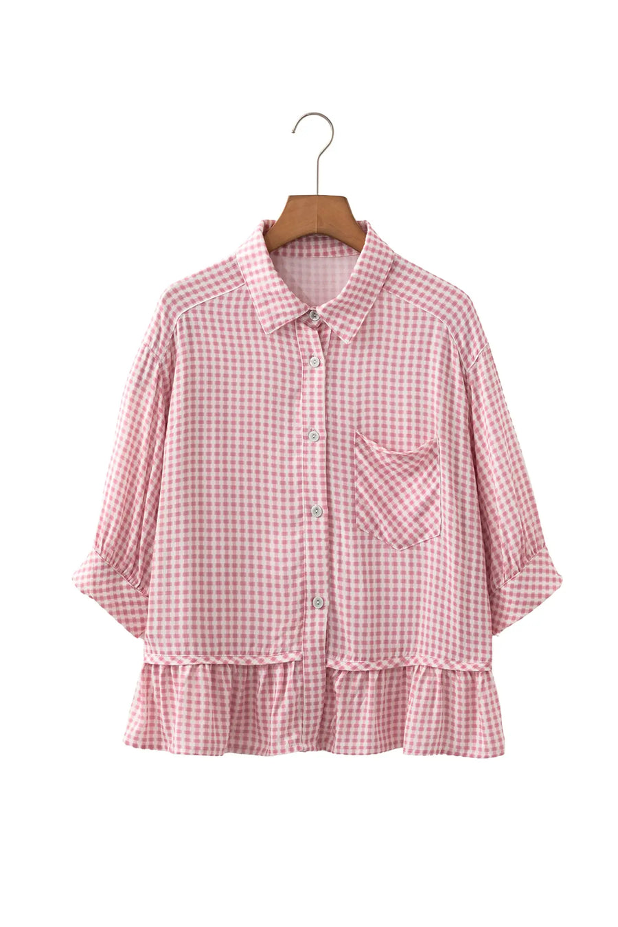 Plaid Ruffle Hem Half Sleeve Blouse Women UK