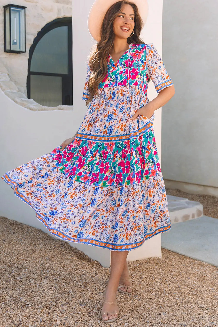 Sky Blue Mixed Floral Tie Split Neck Short Sleeve Dress Women UK