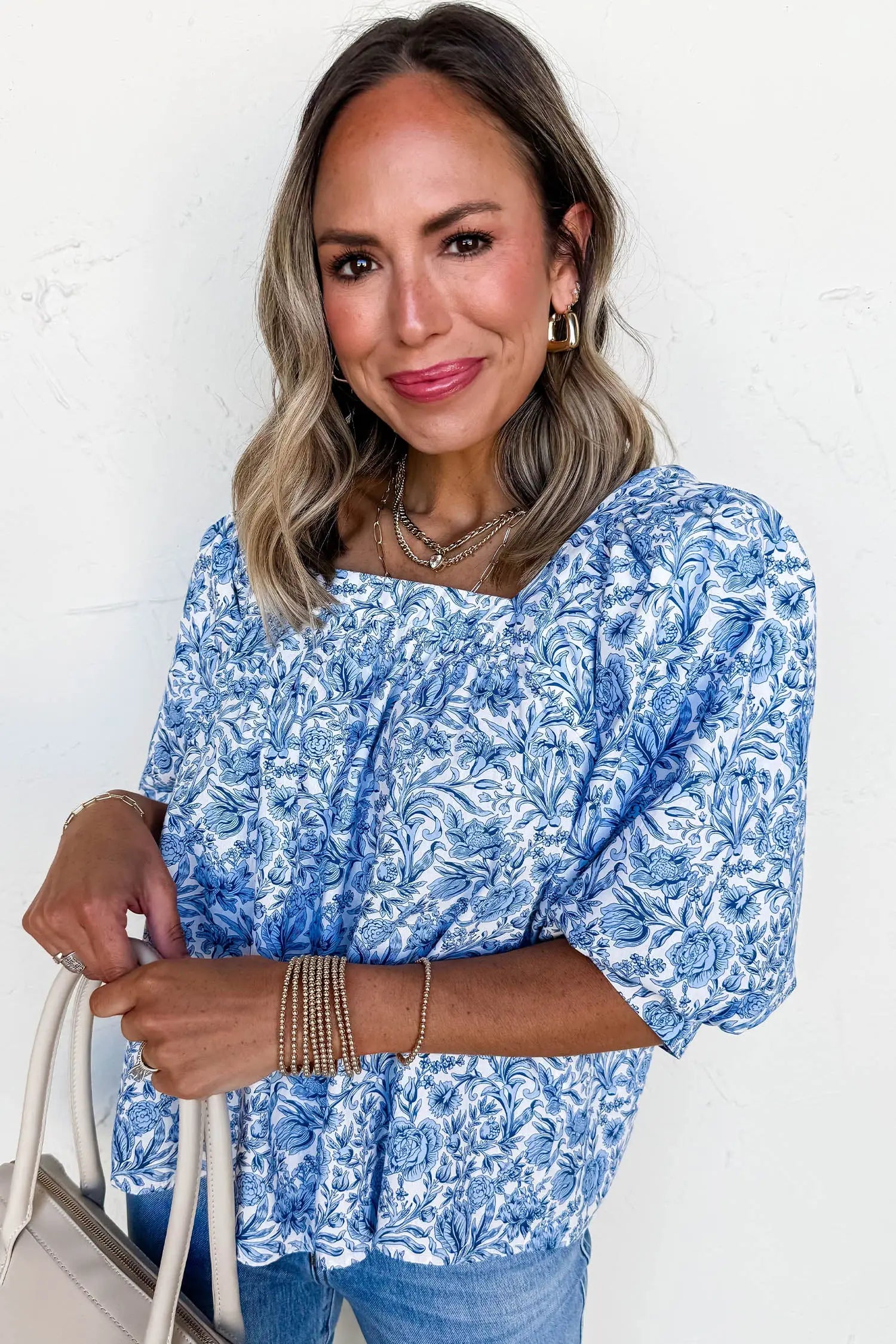 Sky blue square neck puff sleeve floral pleated blouse
