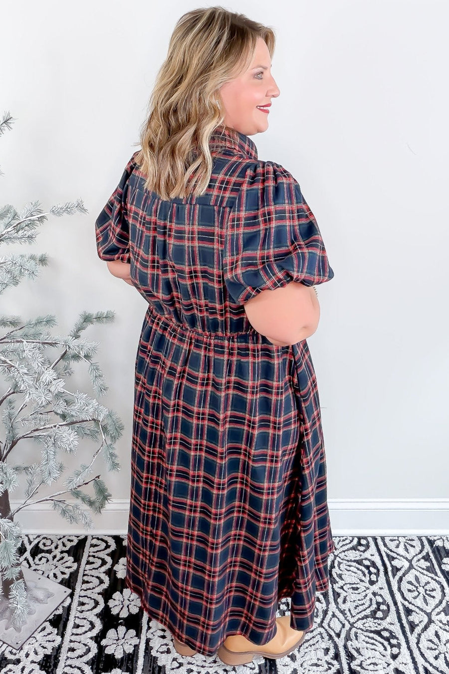 Plaid V Neck Belted Waist Short Sleeve Plus Size Dress Women UK