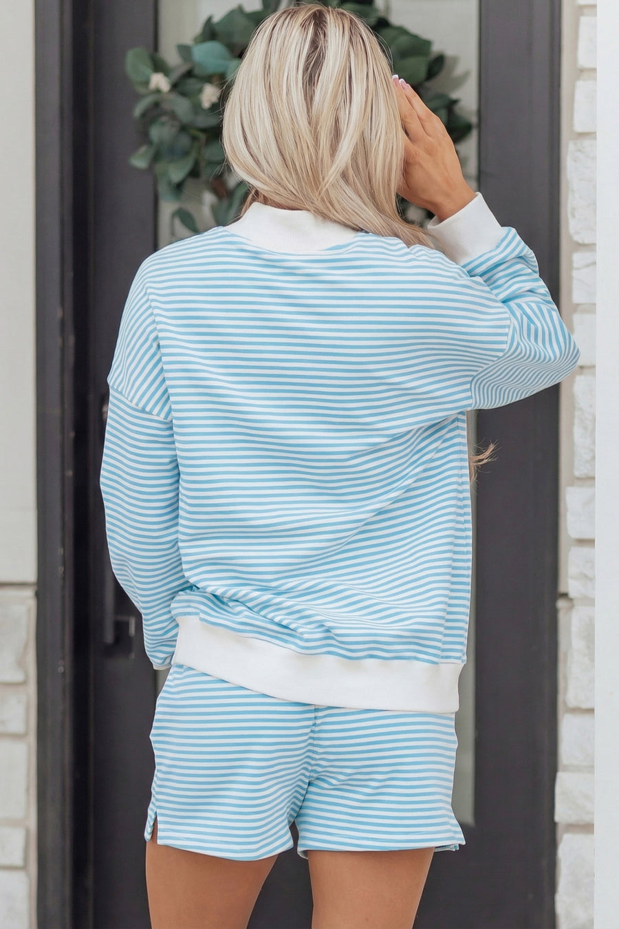 Stripe Oversize Mock Neck Sweatshirt & Shorts Co-Ord Set
