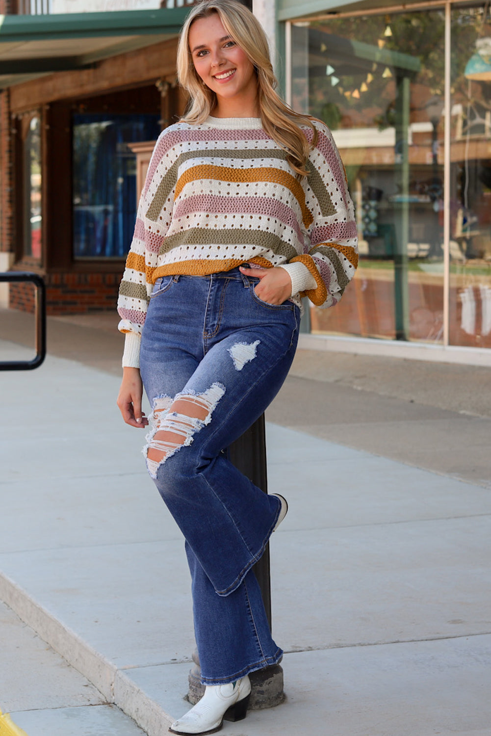 Knitted Loose Sweater - Striped Hollowed