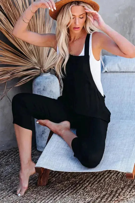 Adjustable Buckle Straps Cropped Jumpsuit - Black - Fashionfitz