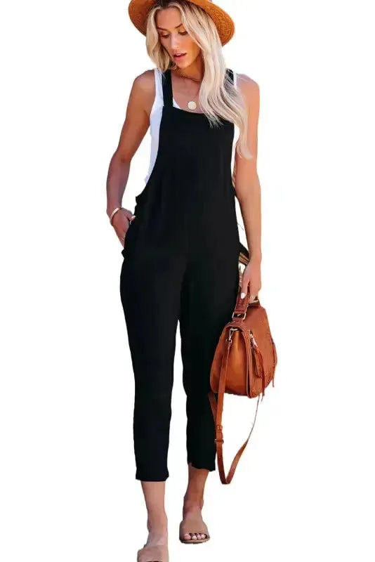 Adjustable Buckle Straps Cropped Jumpsuit - Black - Fashionfitz