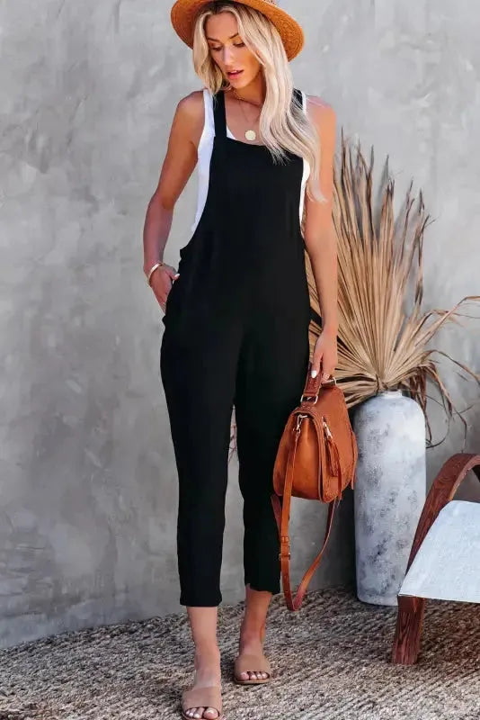 Adjustable Buckle Straps Cropped Jumpsuit - Black - Fashionfitz
