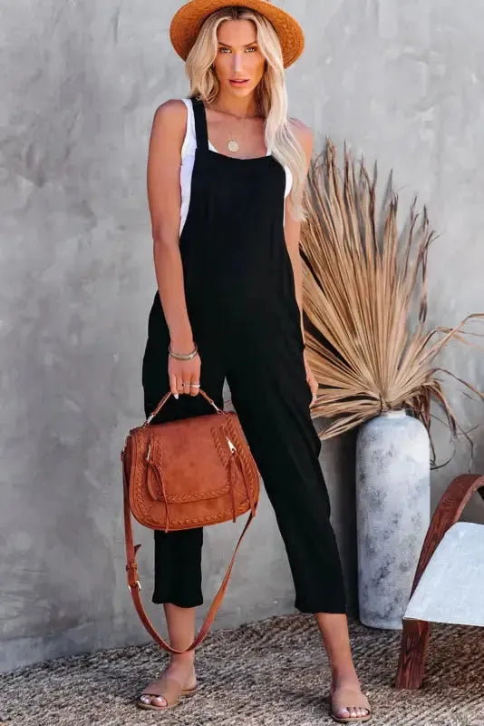 Adjustable Buckle Straps Cropped Jumpsuit - Black - Fashionfitz