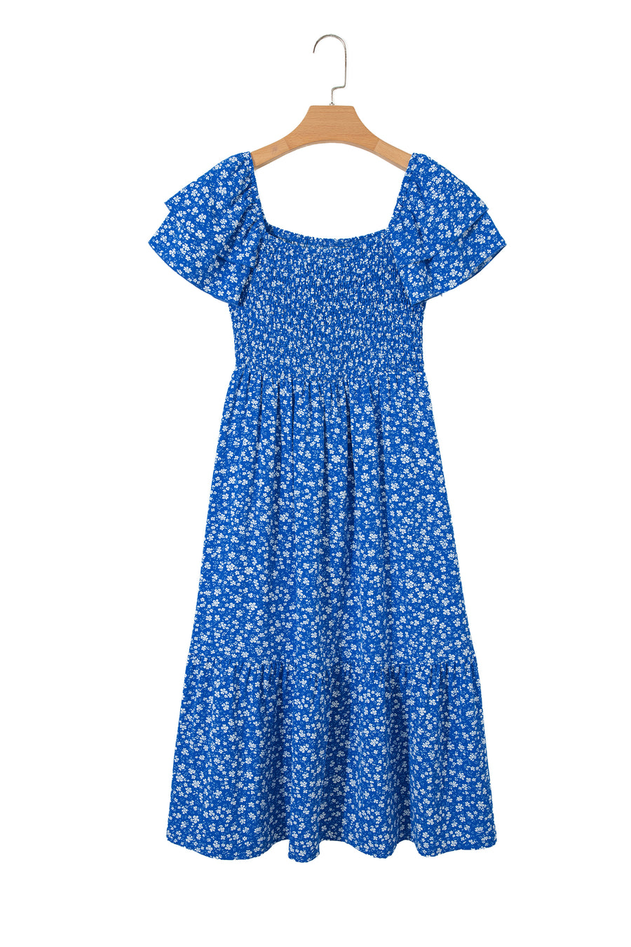 Floral Smocked Square Neck Midi Dress Women UK