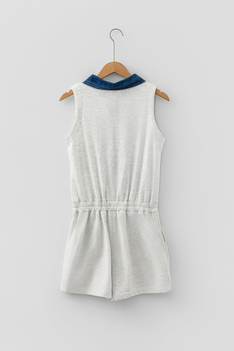 Denim Patchwork Polo Collar Elastic Waist Romper Women UK