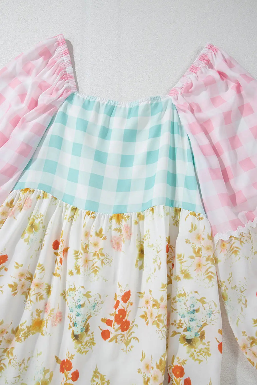 Pink Ric Rac Plaid Floral Patchwork Bubble Sleeve Mini Dress Women UK