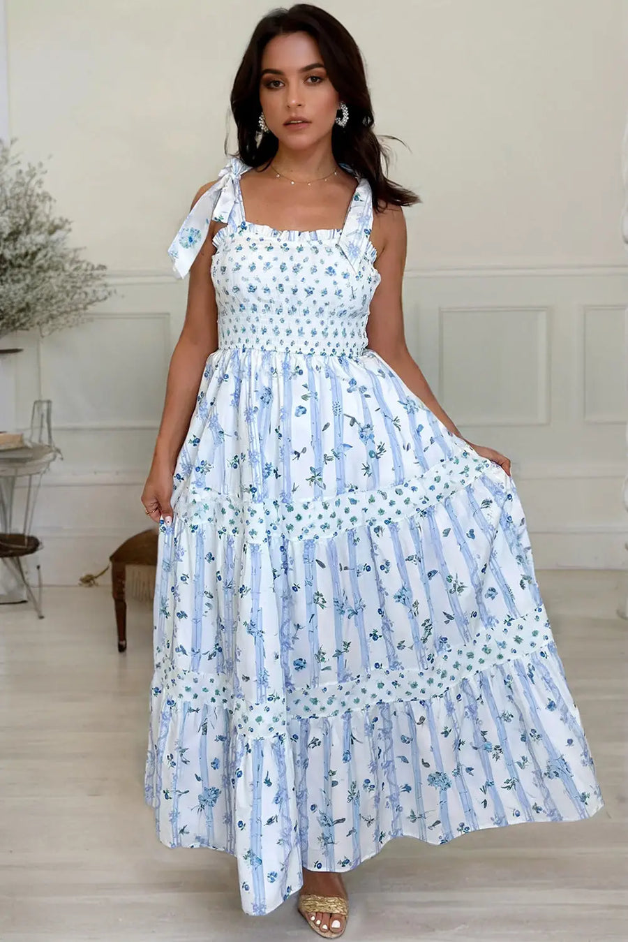 Sky Blue Floral Smocked Tied Straps Tiered Maxi Dress Women UK