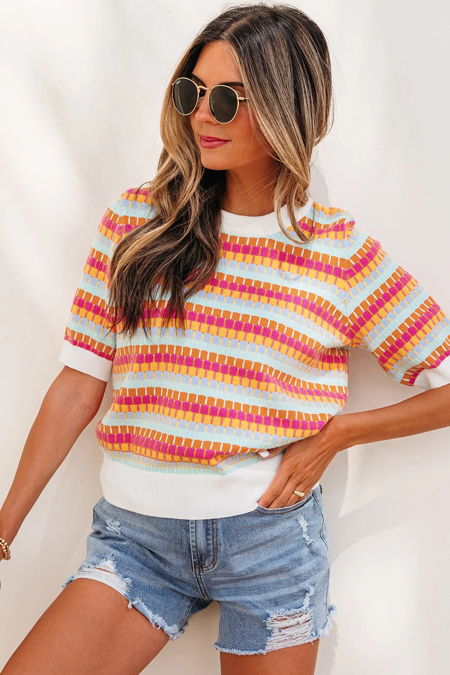 Abstract striped knit short sleeve sweater sweaters