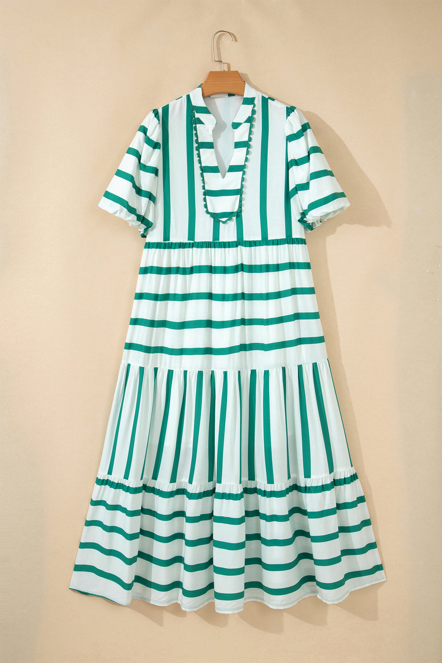 Green Stripe Ricrac Trim Notched Neck Midi Dress Women UK — close-up detail | Fashionfitz UK
