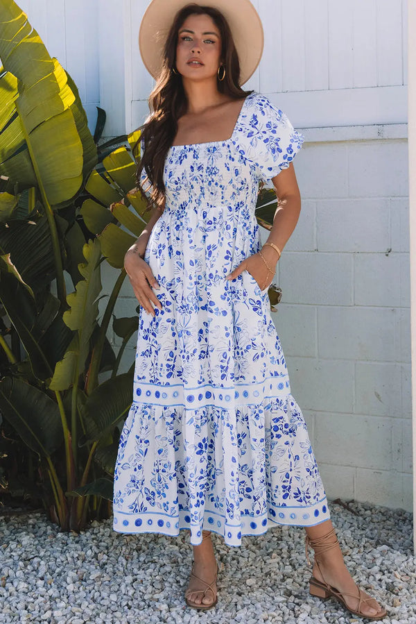 Sky Blue Floral Bubble Sleeve High Waist Maxi Dress Women UK