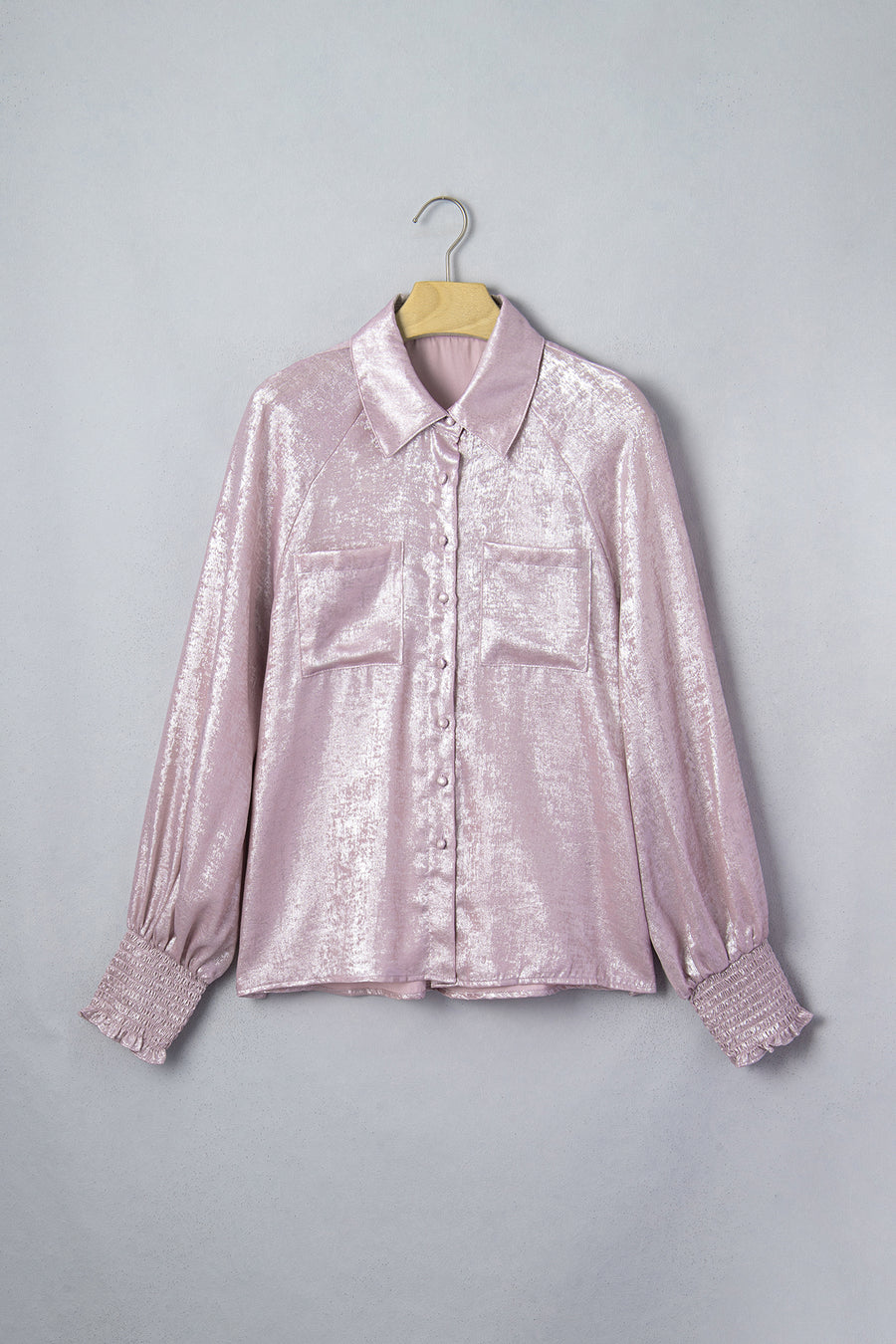 Button Front Ruffle Cuffs Back Paneling Blouse