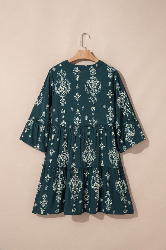 Blue Boho Floral Print Mini Dress