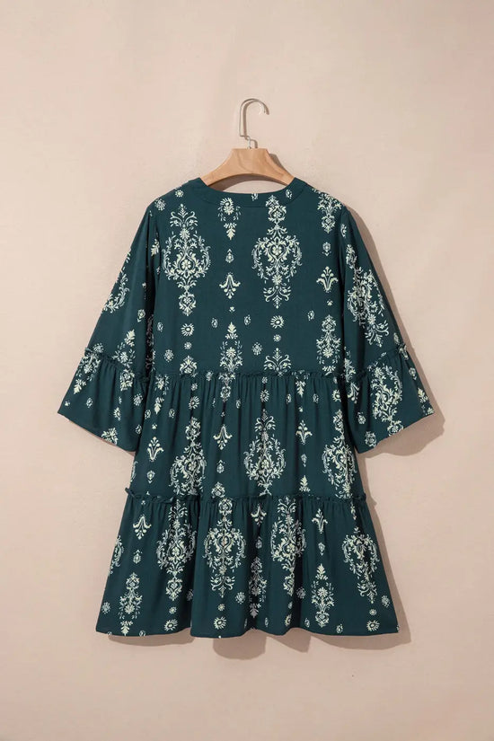 Blue boho floral print mini dress women | v-neck 3/4 sleeve resort